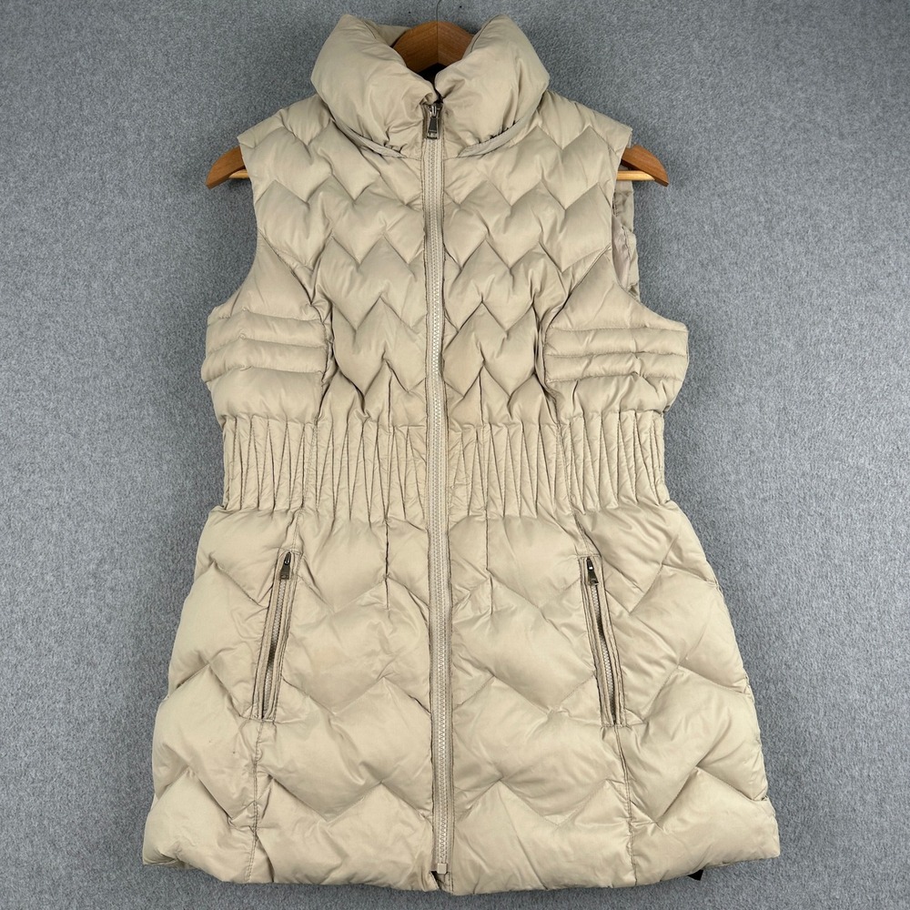 Bebe Puffer Vest Womens Large Taupe Chevron Quilted Smocked Waist Full Zip